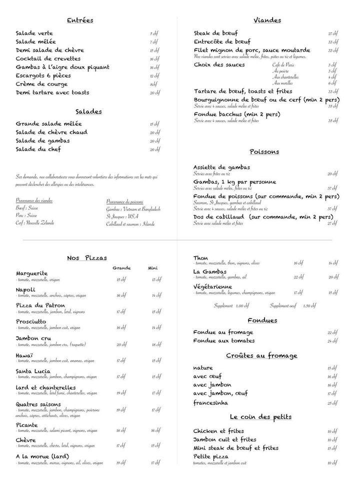 Menu at Café de Som la Proz, Orsières