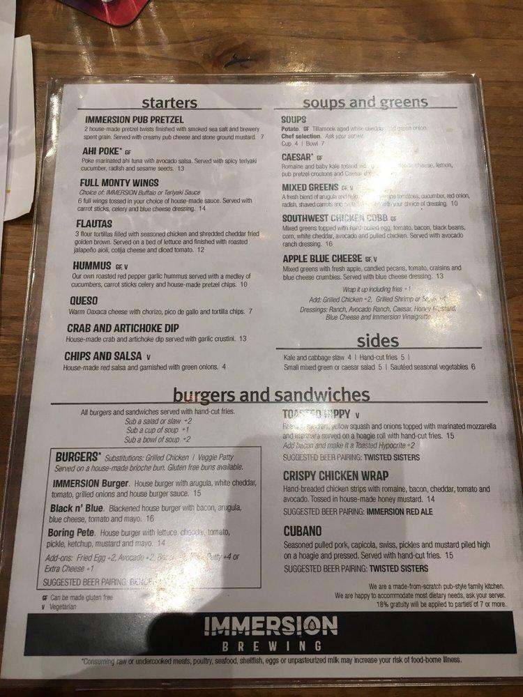 Menu at Immersion Brewing pub & bar, Bend