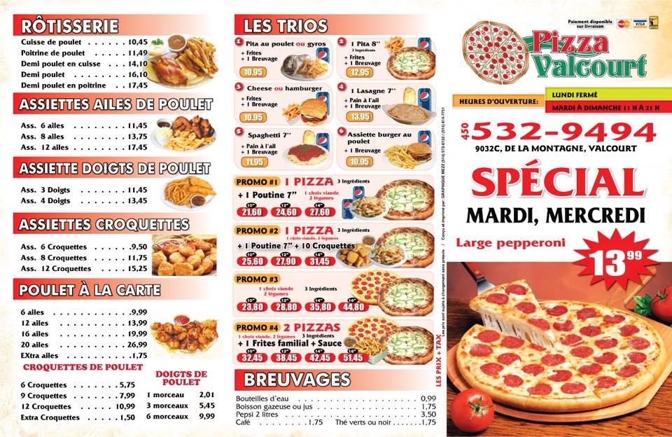 Menu au PIZZA VALCOURT restaurant, Valcourt