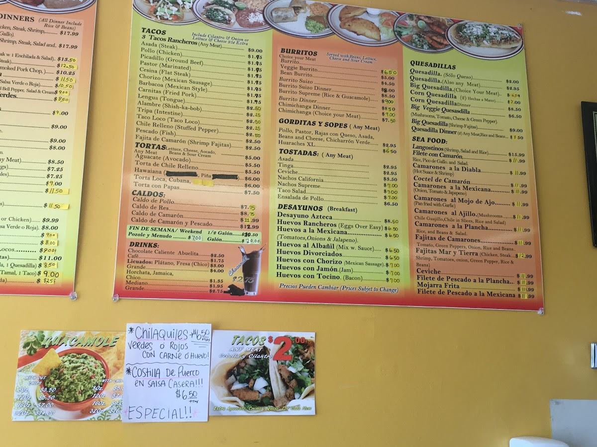 Menu at Taqueria Azteca restaurant, Wood Dale