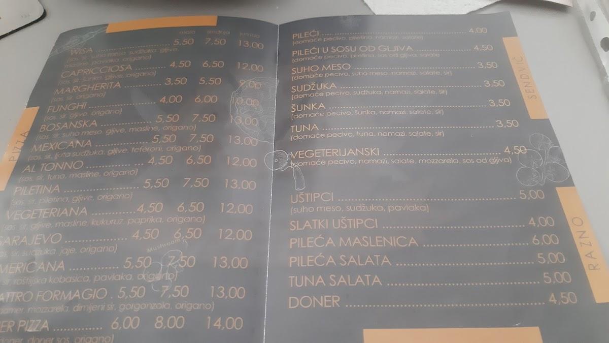 Menu at Pizzeria Wisa, Sarajevo