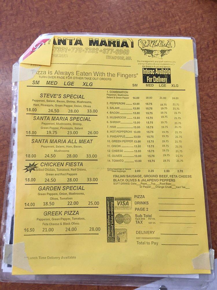 Menu at Santa Maria Pizza & Spaghetti House pizzeria, Thompson