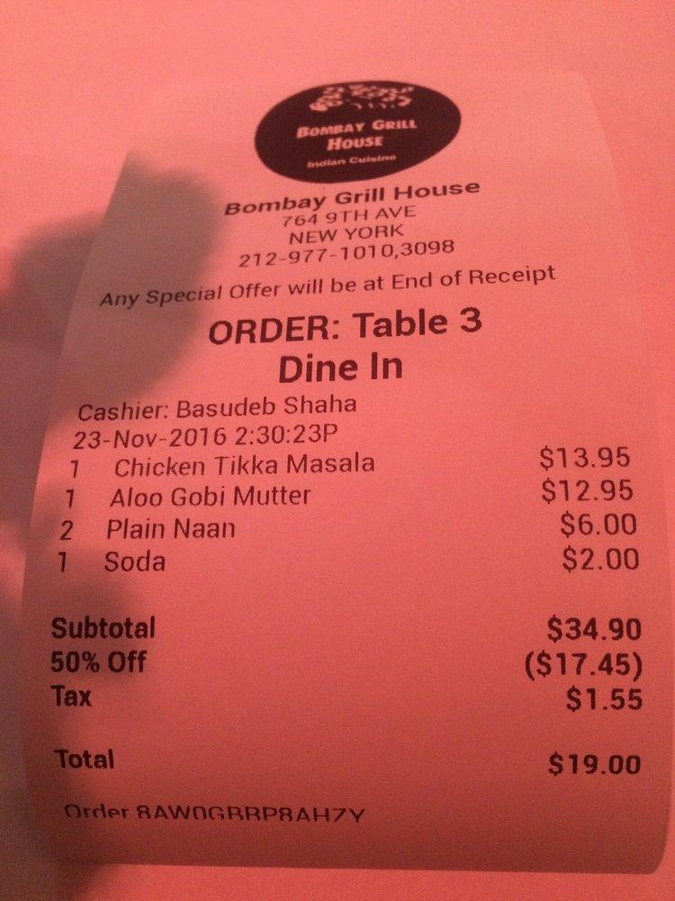 Menu at Bombay Grill House restaurant, West New York, 764 9th Ave