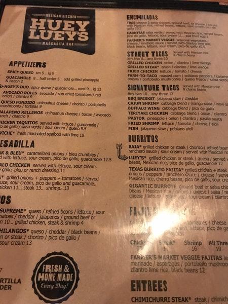 Menu at Huey Luey's Mexican Kitchen &amp; Margarita Bar, Acworth