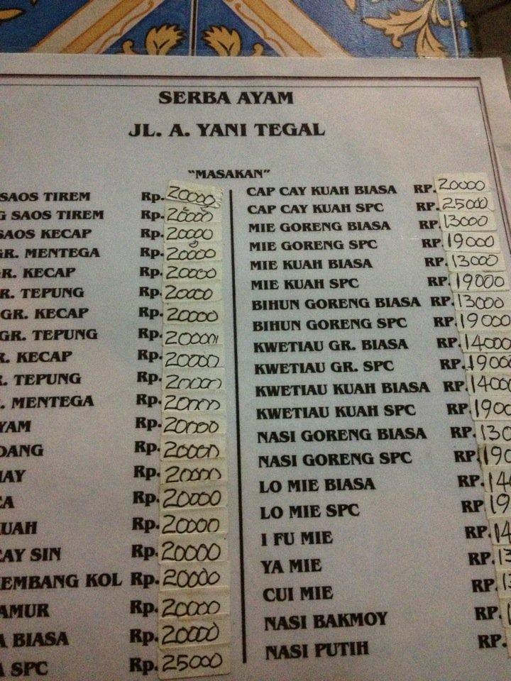 Carta del restaurante Serba Ayam, Tegal