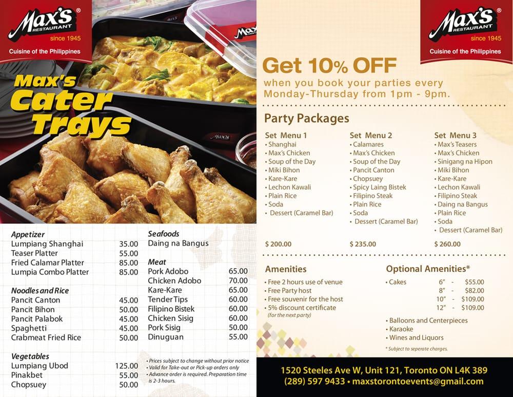 Menu at Max's Restaurant, Cuisine of the Philippines, Vaughan, Vaughan