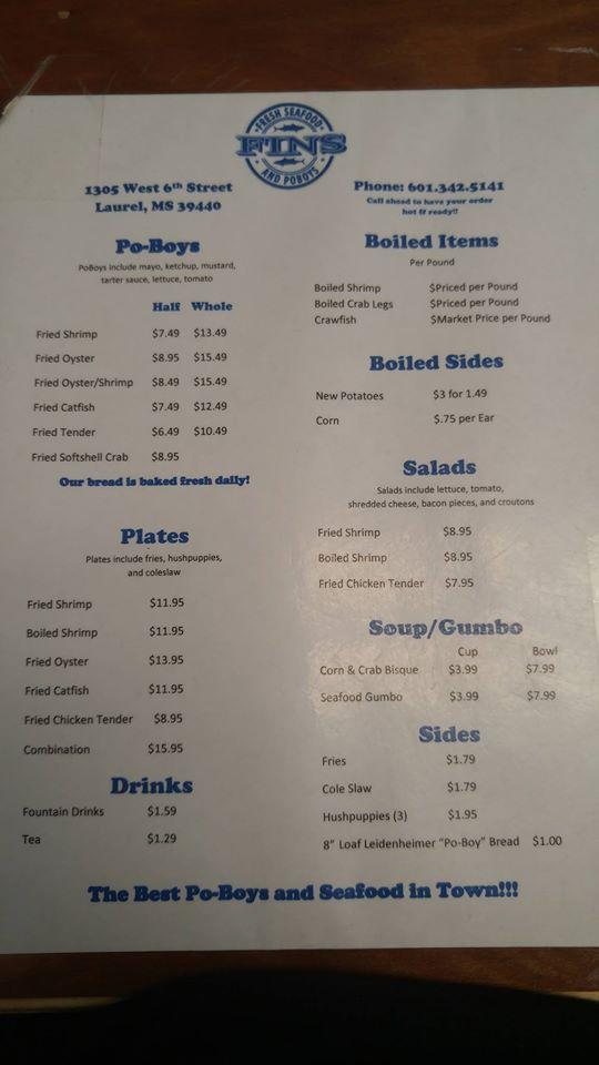 Menu at Fins Fresh Seafood and Po Boys restaurant, Laurel