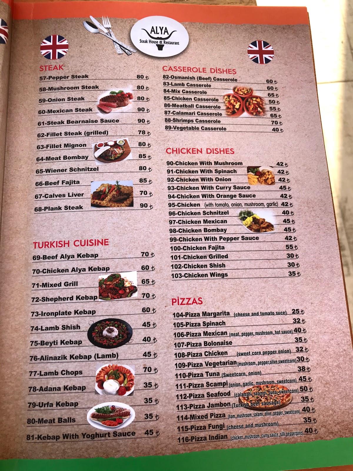 Menu at Alya Steak House, Side Belediyesi