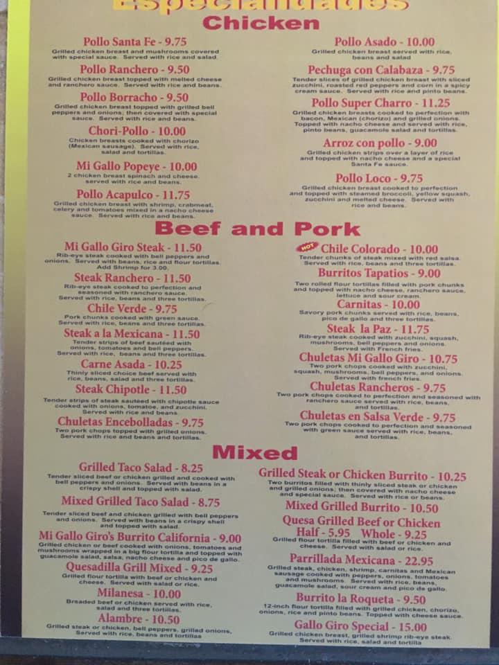 Menu at Mi Gallo Giro Mexican Restaurant, Fairmont