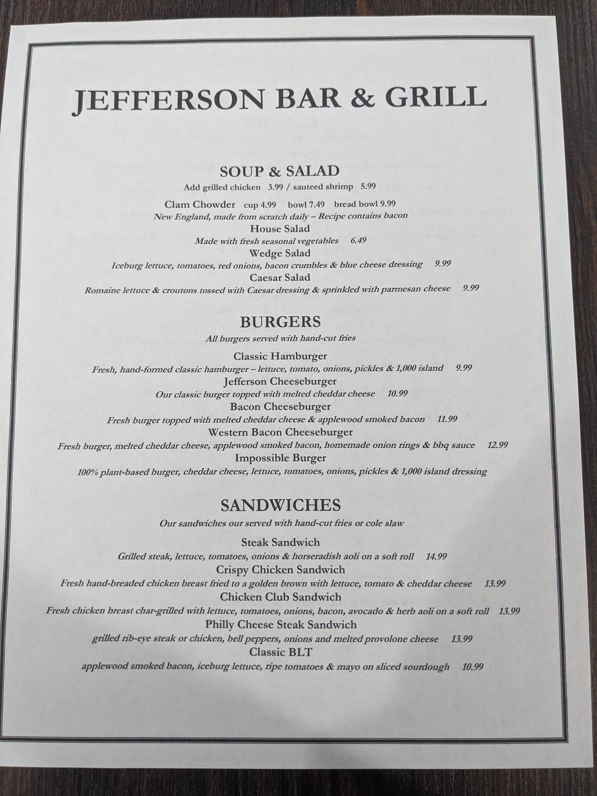 Menu at Jefferson Bar & Grill, West Sacramento