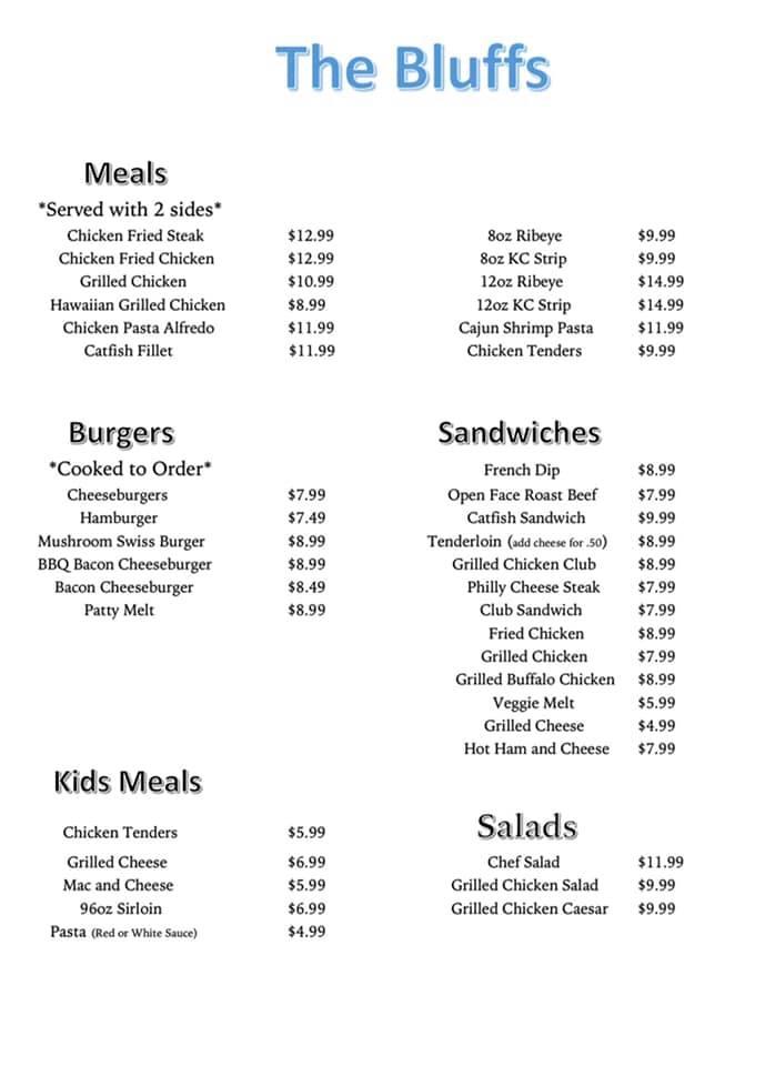 Menu at The Bluff restaurant, Wathena