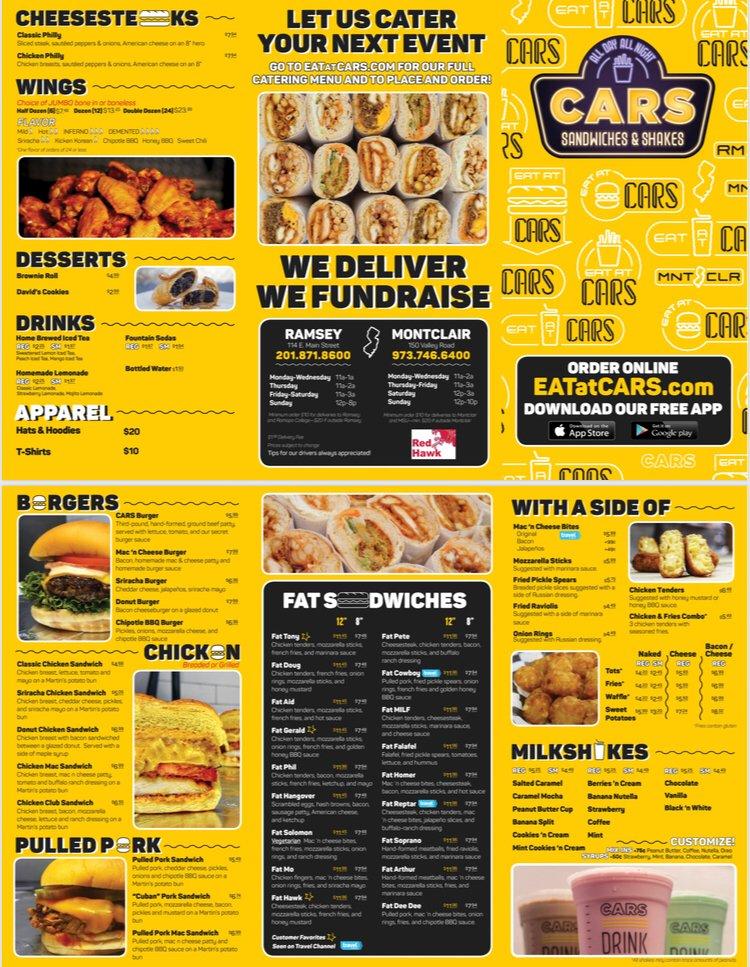 Menu at CARS Sandwiches Shakes restaurant Ramsey