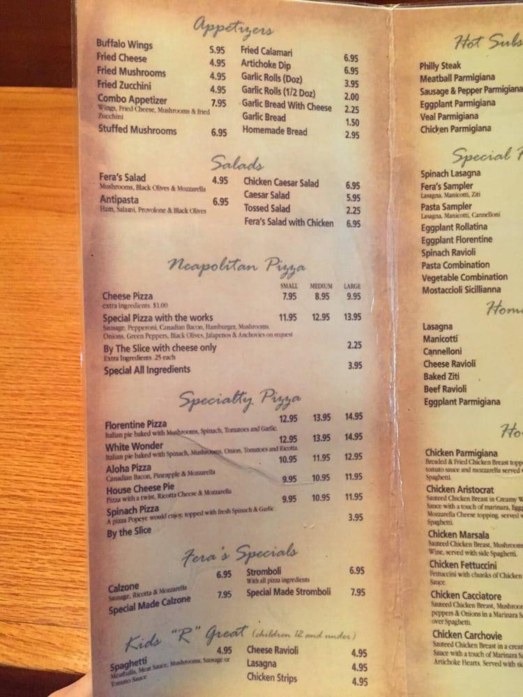 Menu at Fera's Pasta & Pizza pizzeria, Denton