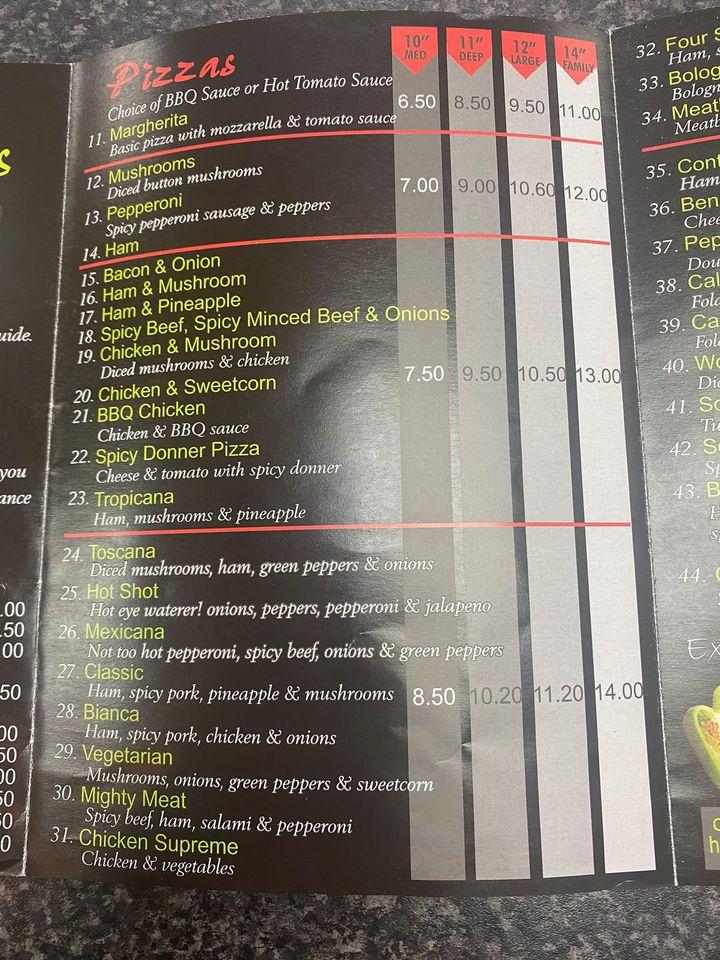 Menu at Benitos fast food, Sheffield