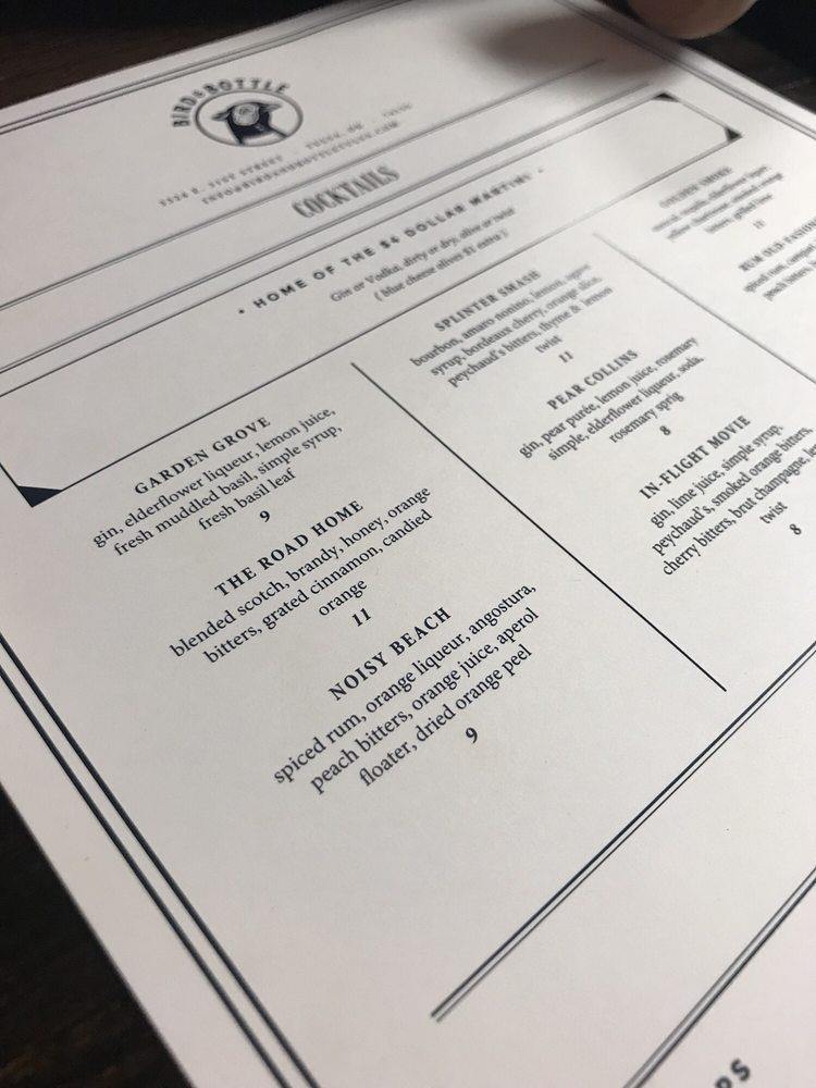 Menu at Bird & Bottle pub & bar, Tulsa