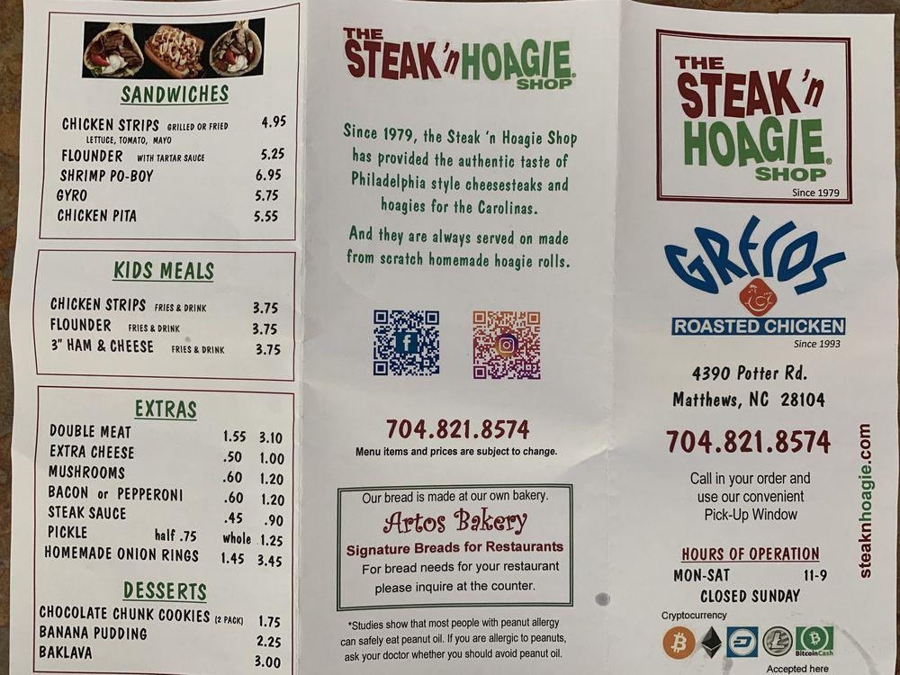 Menu at Steak 'n Hoagie Shop / Grecos restaurant, Matthews, Potter Rd