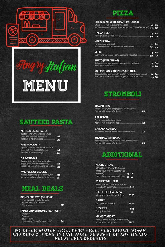 Menu at Angry Italian pizzeria, Yuma