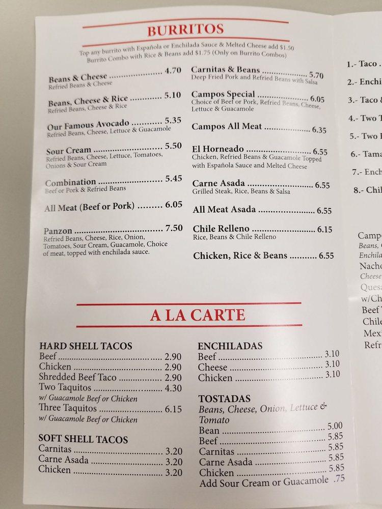 Menu at Campos Famous Burritos restaurant, Simi Valley