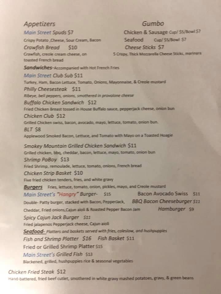 Menu at Main Street Restaurant, Gilliam