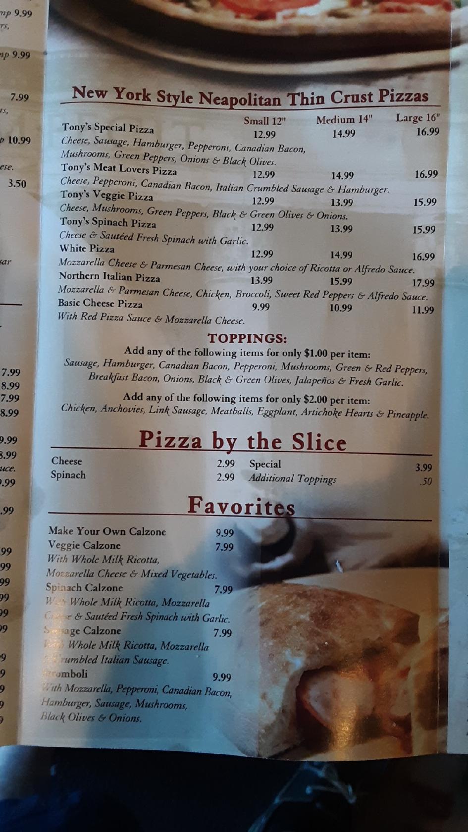 Menu at Tony's Pizza & Pasta pizzeria, Fort Worth, Rufe Snow Dr