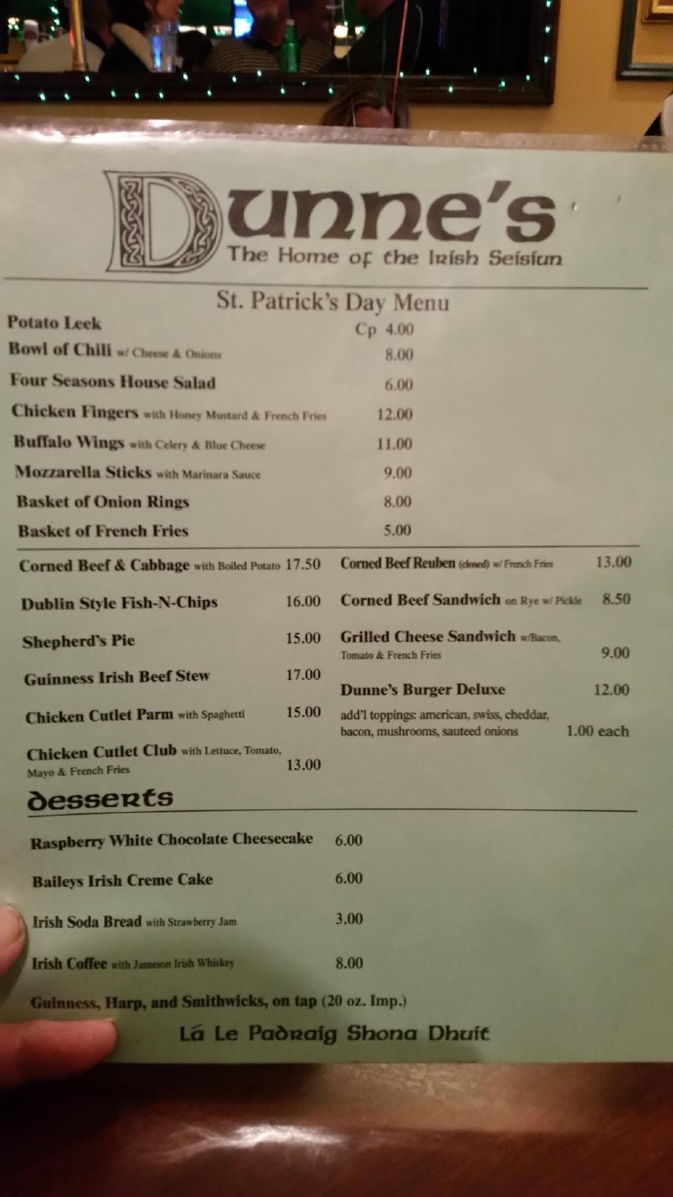 Menu at Dunne's Pub, White Plains