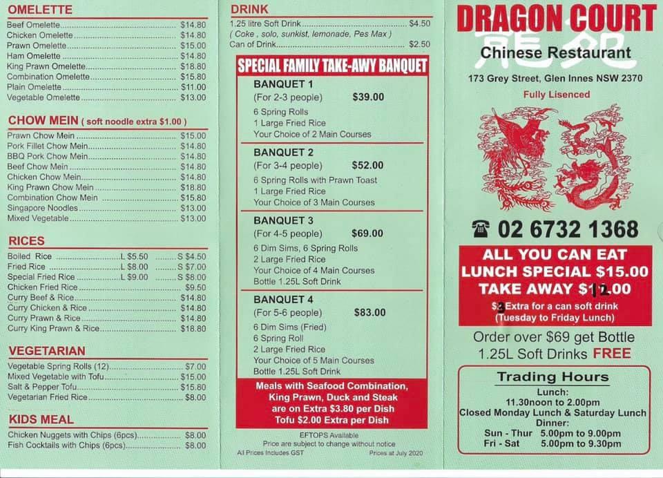 Dragon Court Restaurant in Glen Innes Chinese restaurant menu and reviews