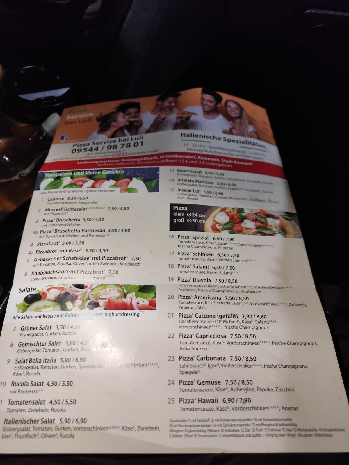 Speisekarte von Pizzaservice bei Luli, Breitengüßbach