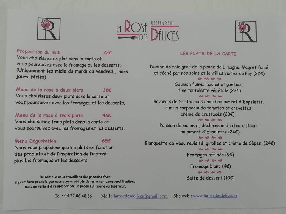 Menu au La Rose des Délices restaurant, Chambœuf