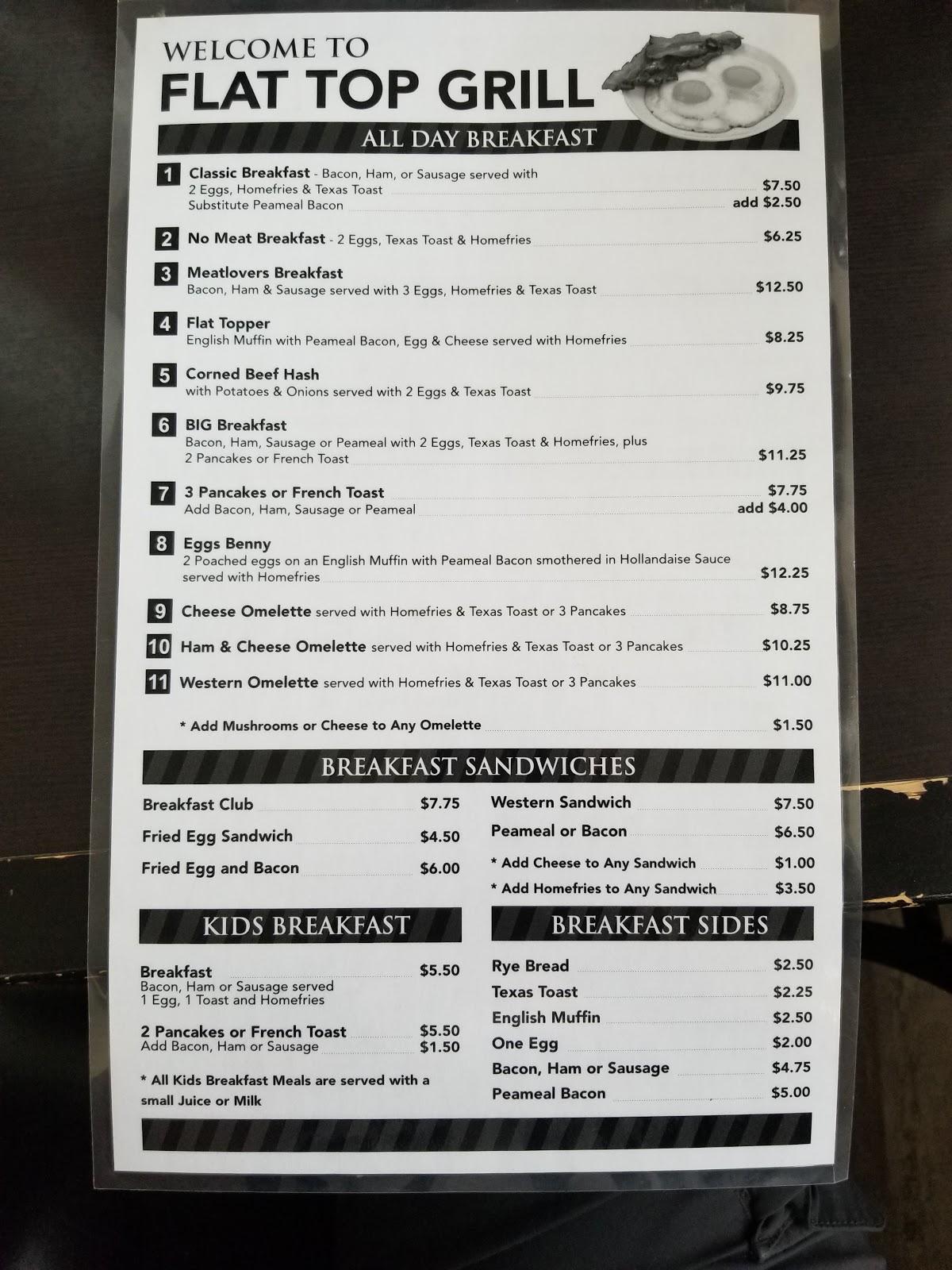 Menu at The Flat Top Grill restaurant, Canada