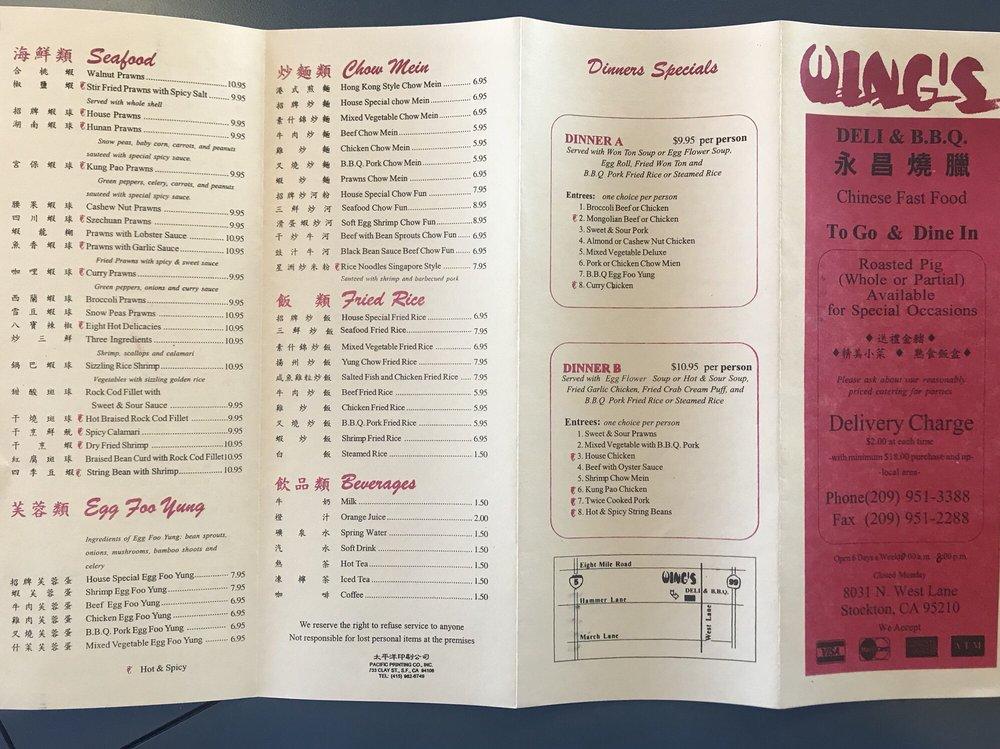 Menu at Wing's Deli BBQ, Stockton