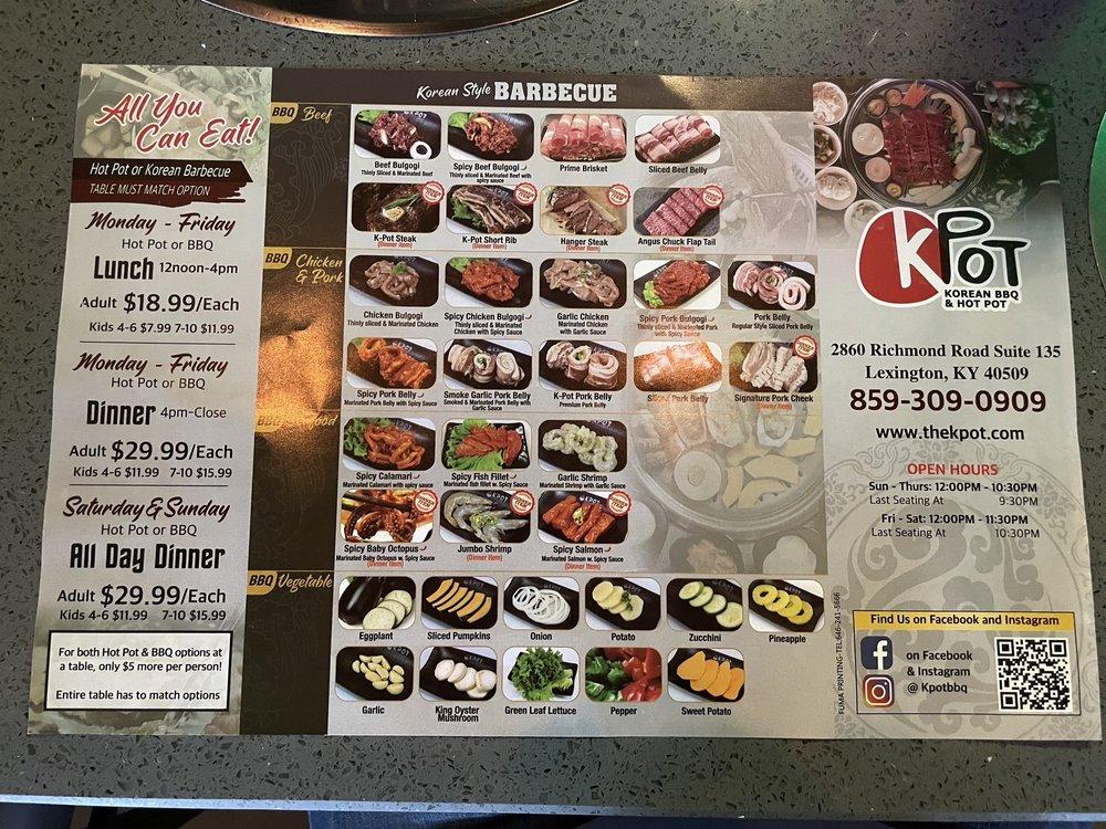 Menu at KPOT Korean BBQ & Hot Pot, Lexington