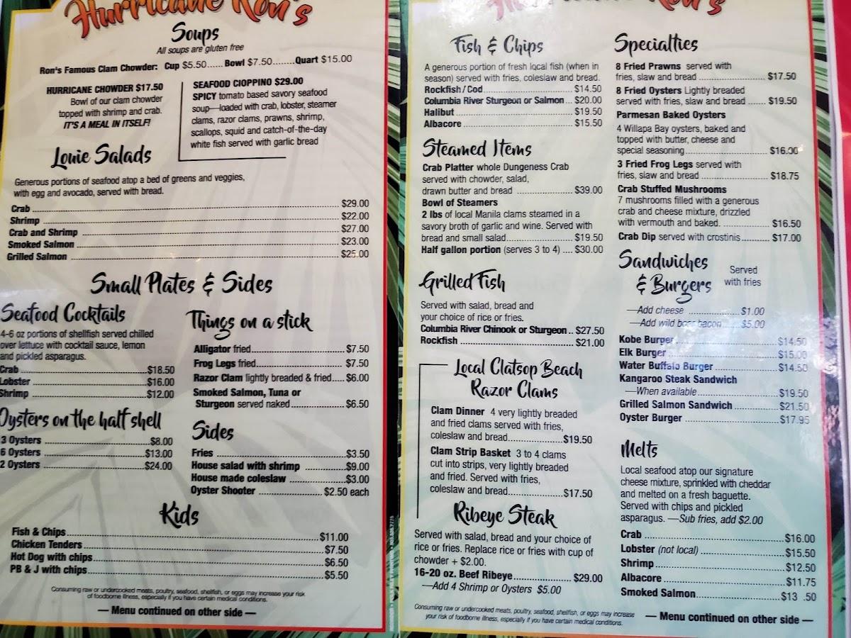 Menu at Hurricane Ron's restaurant, Astoria