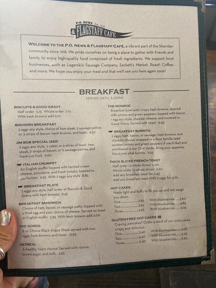 Menu at P.O. News & Flagstaff Cafe, Sheridan