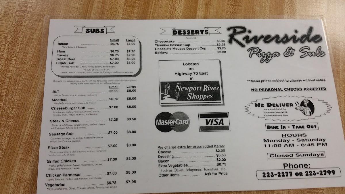 Menu at Riverside Pizza & Subs pizzeria, Newport