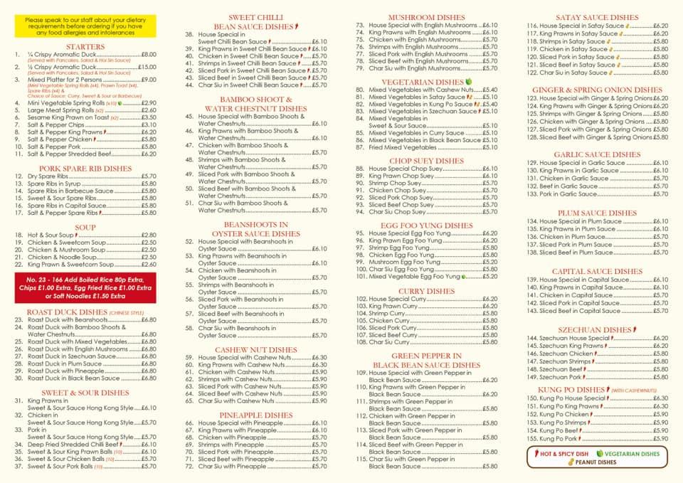 Menu at Kowloon House restaurant, Middlesbrough