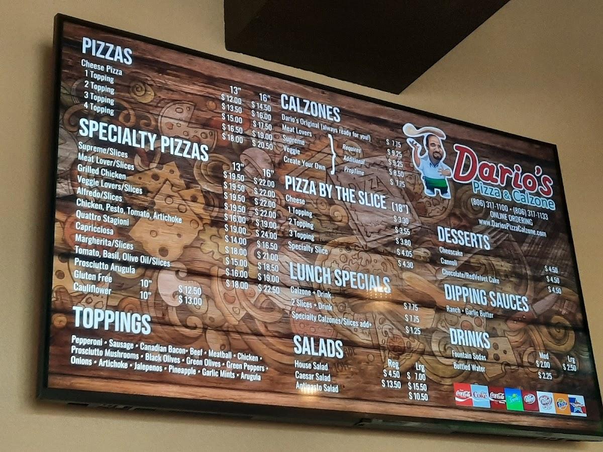 Menu at Dario’s Pizza & Calzones pizzeria, Lubbock