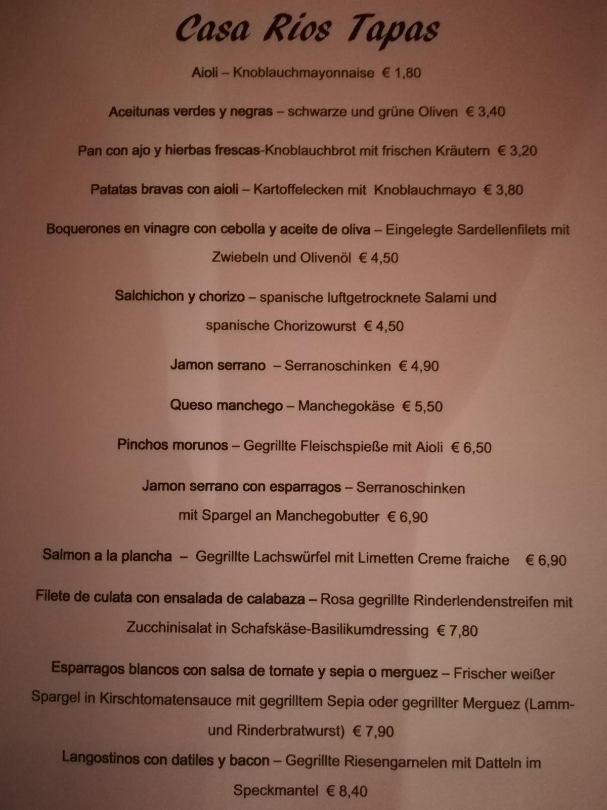 Menu at Gaststätte Casa Rios restaurant, Regensburg