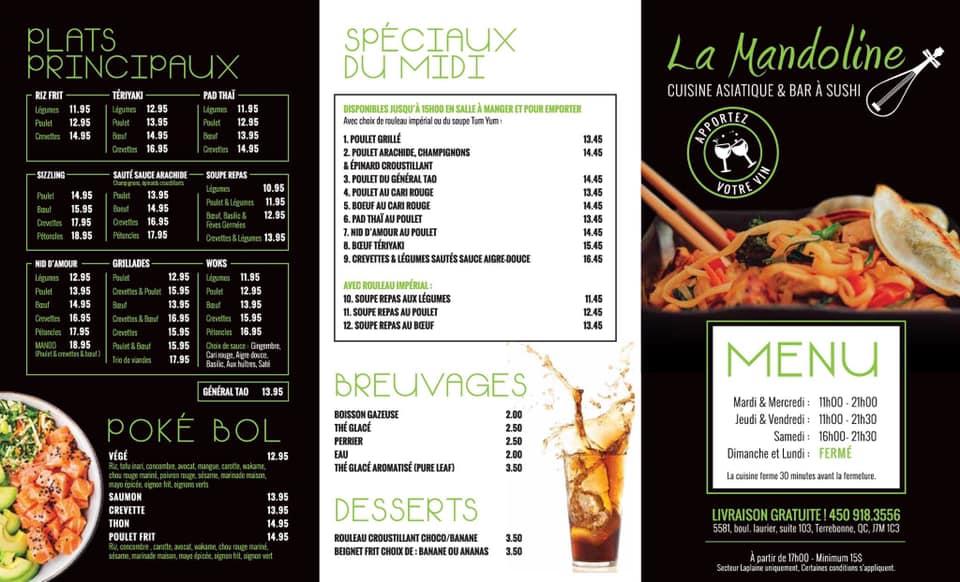 Menu au La Mandoline restaurant, Terrebonne