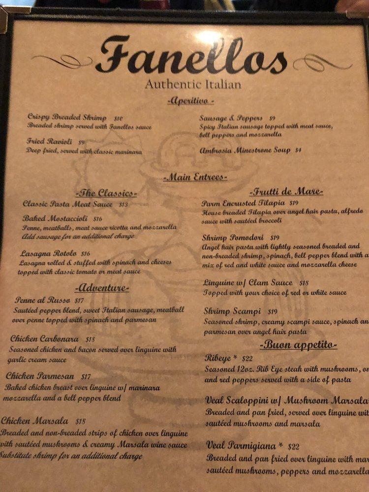 Menu at Fanellos Authentic Italian Restaurant, Mishawaka