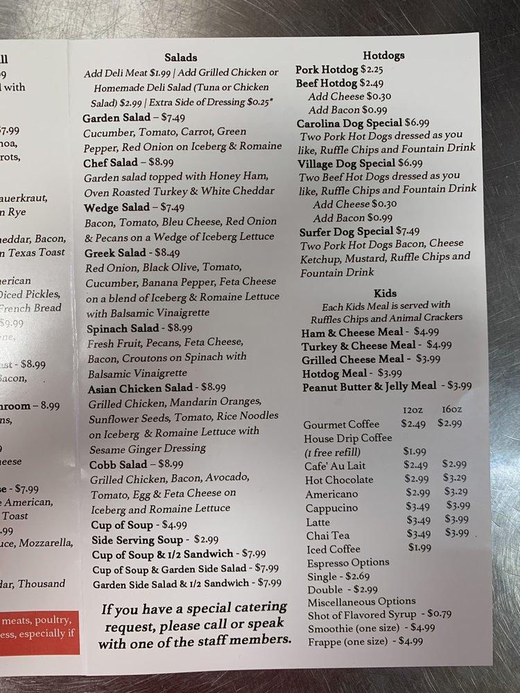 Menu at The Village Market cafe, Emerald Isle