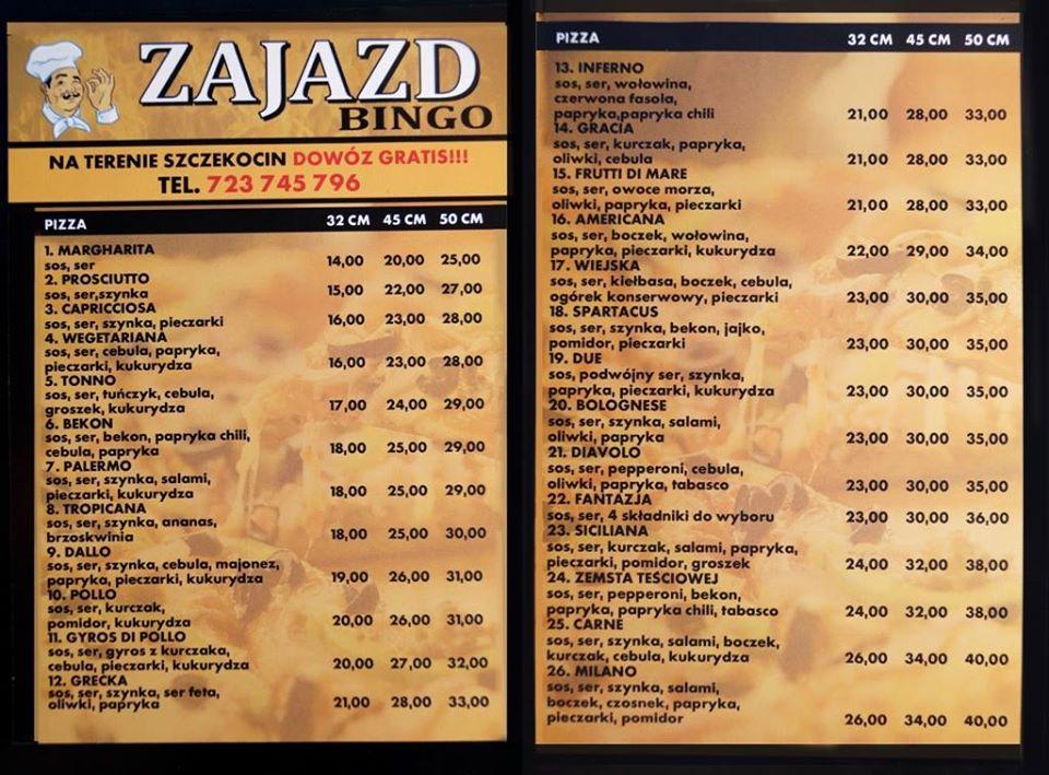 Menu at Bingo. Zajazd. Zaręba I. restaurant, Szczekociny