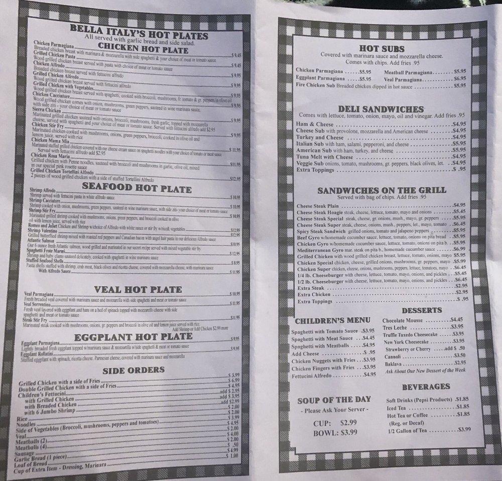 Menu at Bella Italy restaurant, Rockingham