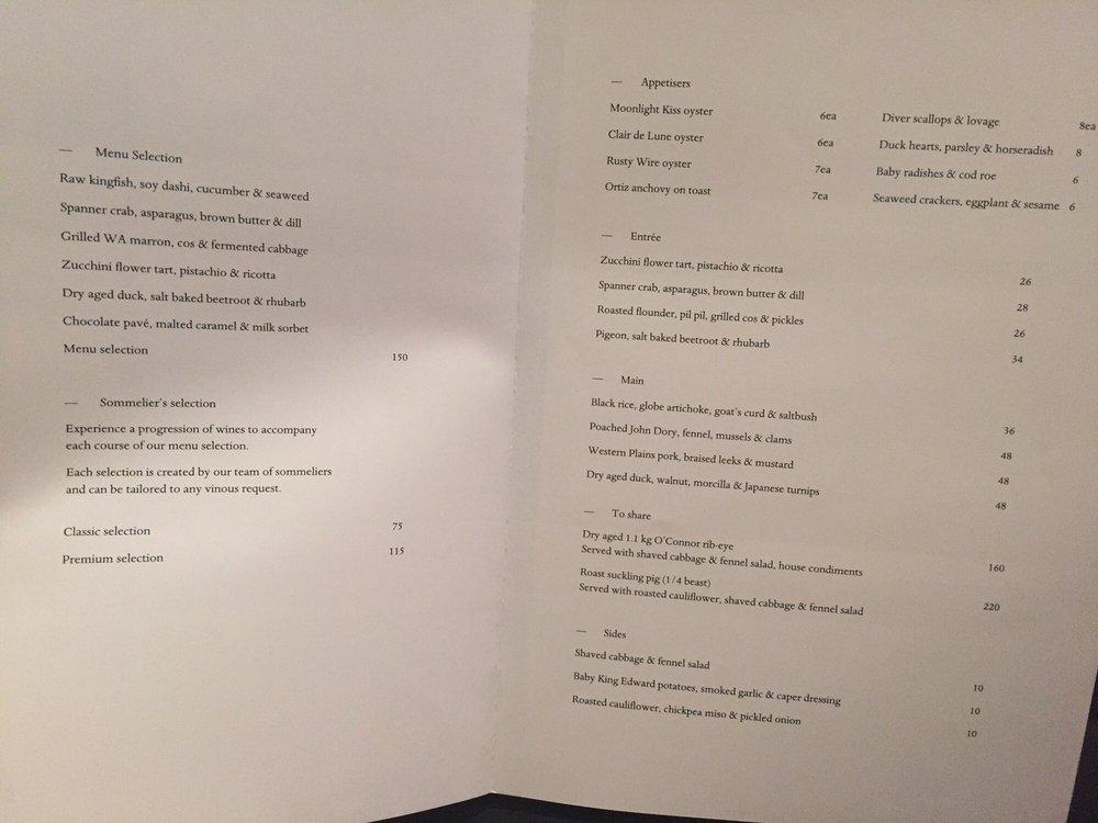 Menu at Cutler & Co. restaurant, Fitzroy