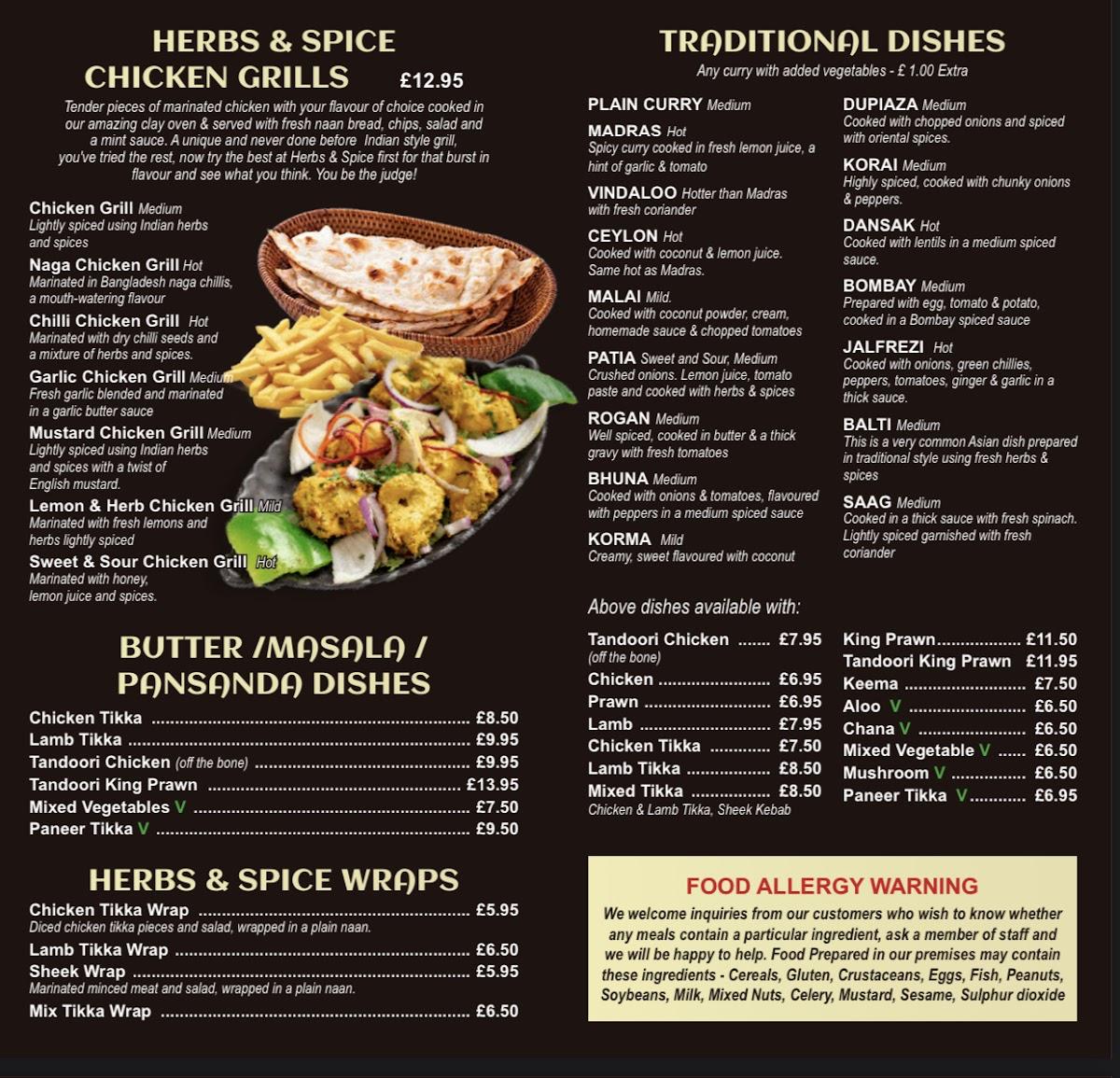 Menu at Herbs & Spice restaurant, Slough