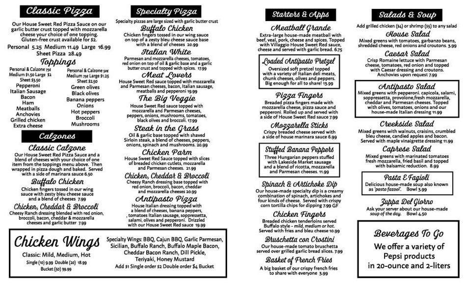 Menu at Villaggio Italiano pizzeria, Silver Creek