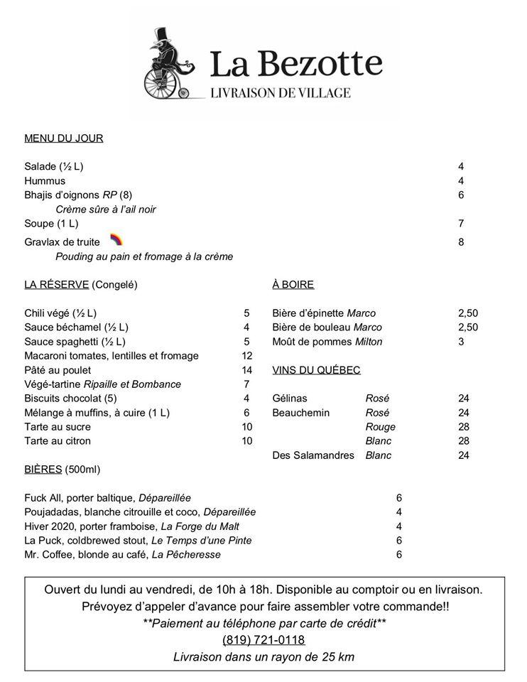 Menu at Café La Bezotte, Yamachiche