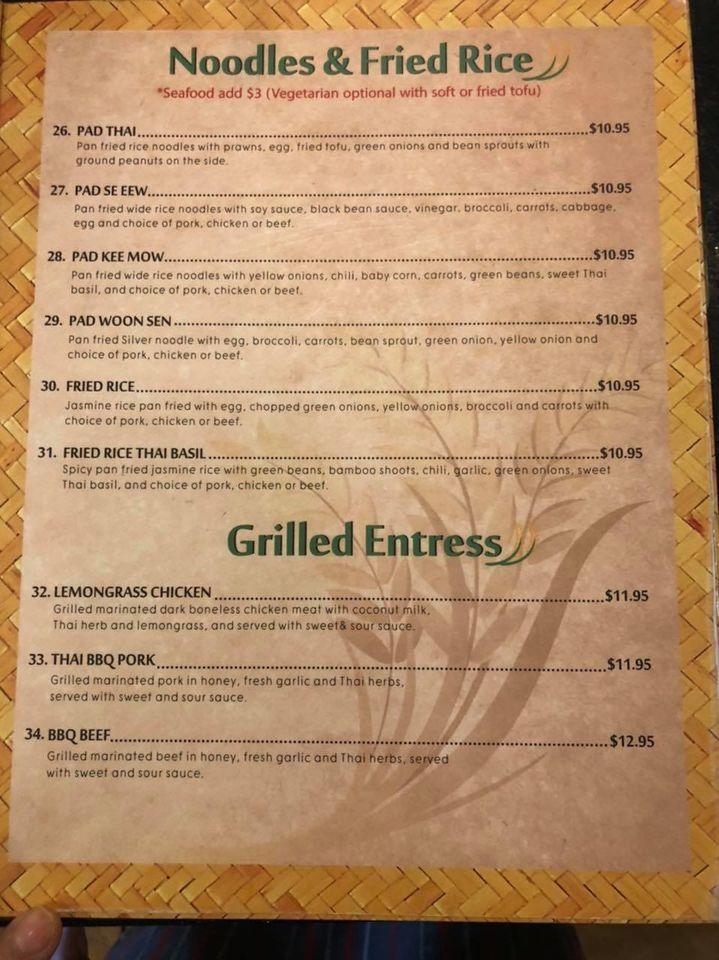Menu at Thai Jasmine restaurant, Tracy