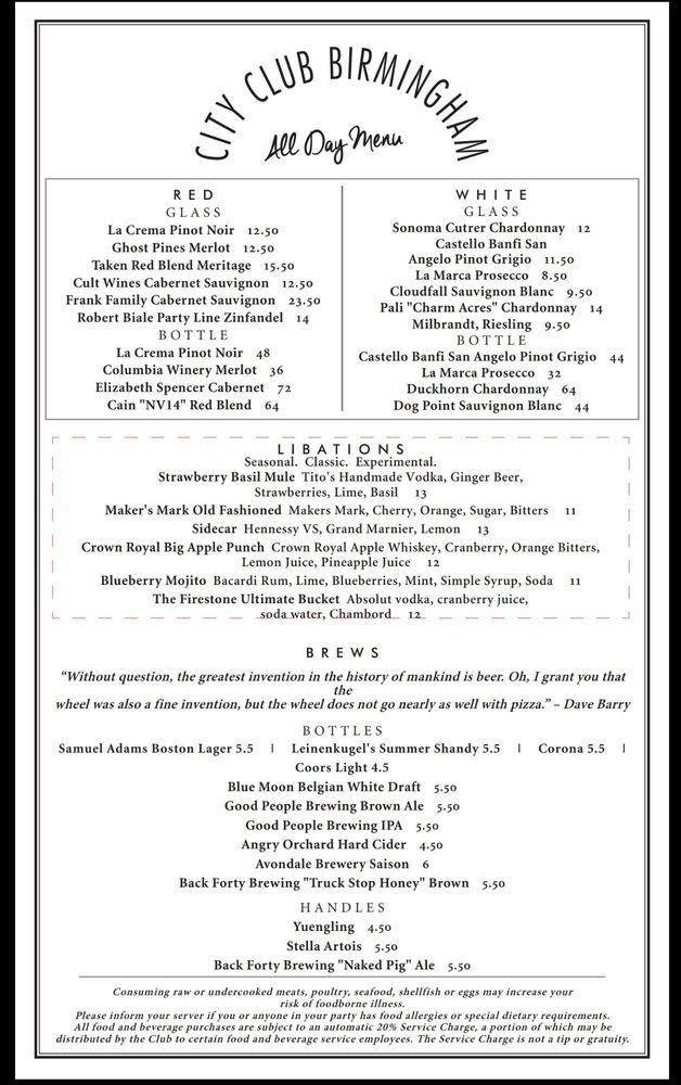 Menu at City Club Birmingham, Birmingham