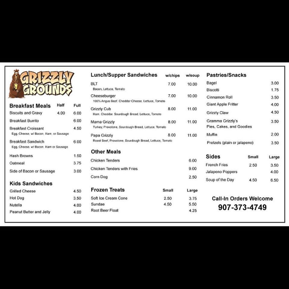 Menu at Grizzly Grounds cafe, Wasilla