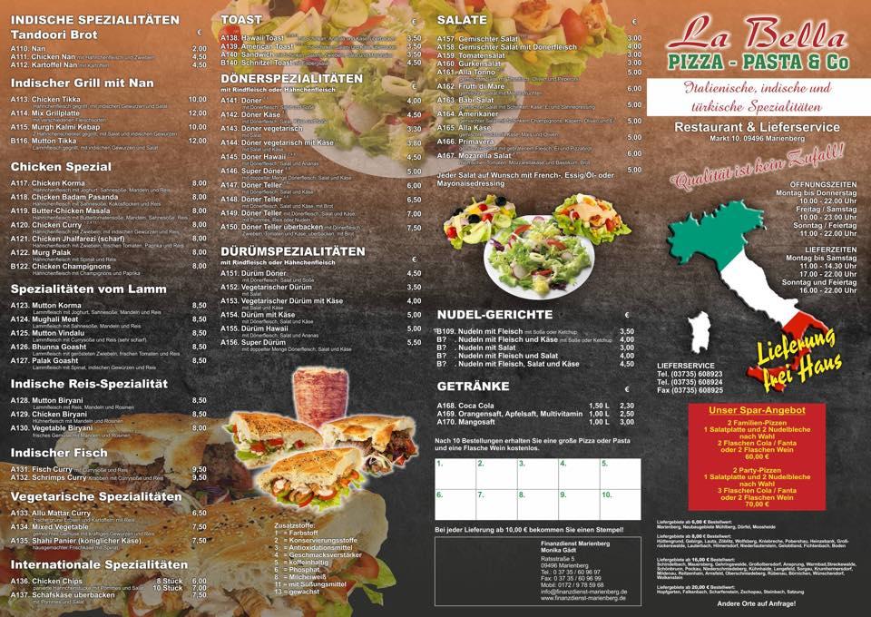 Speisekarte von La Bella Pizza Pasta & Co., Marienberg